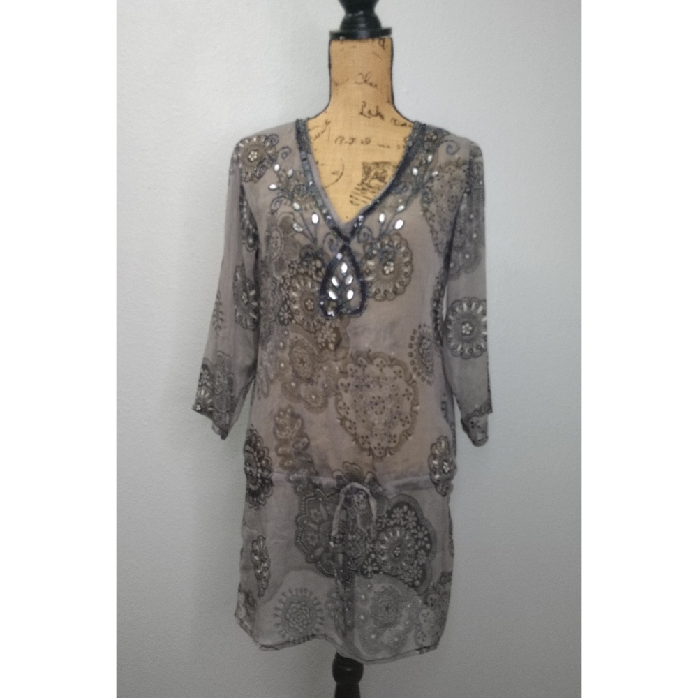 Priya Womens Large Gray Sequin Rhinestones Sheer Swim Cover Tunic Top